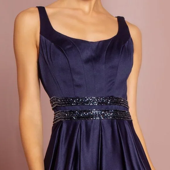 NEW LONG SLEEVELESS A-LINE SATIN DRESS WITH SCOOP NECKLINE AND SHEER BACK GL2531 - Picture 4 of 10